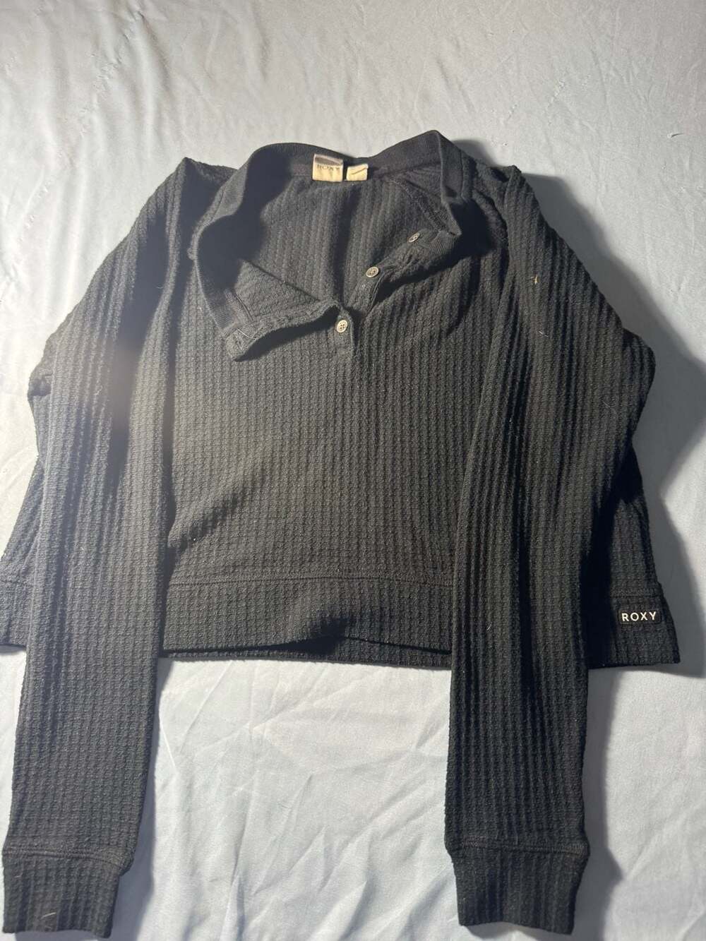 Roxy Waffle Knit Henley Size XS Black Long Sleeve Top